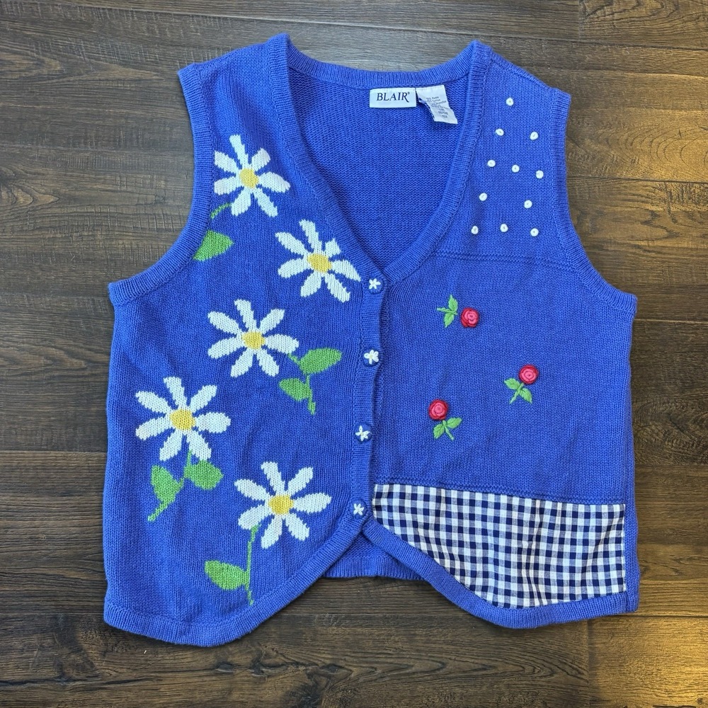 Vintage Womens Large‎ Sweater Vest Blue Cottagecore Floral Daisy Gingham Kitschy